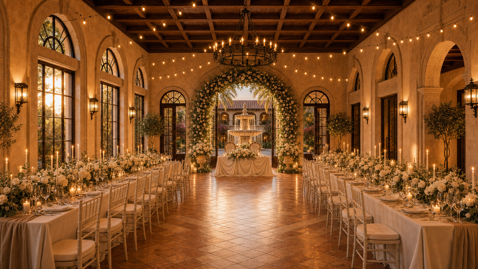 Conceptual rendering of the event hall set for a reception, facing the courtyard